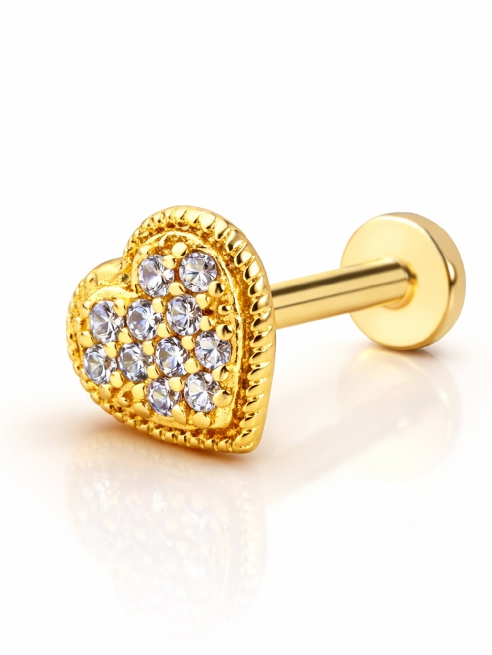 14K Gold Heart CZ Labret Stud – Internally Threaded Cartilage/Helix Piercing